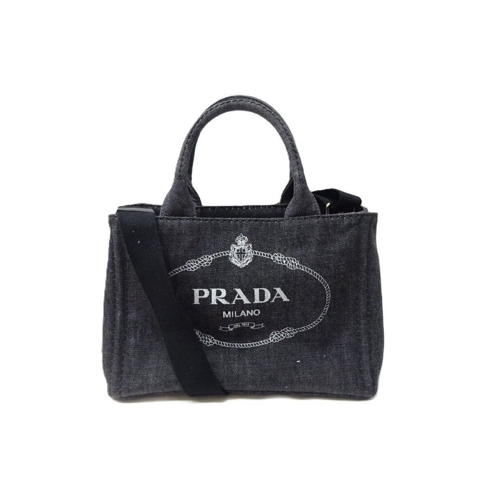 PRADA Canapa Denim Tote Bag Black White